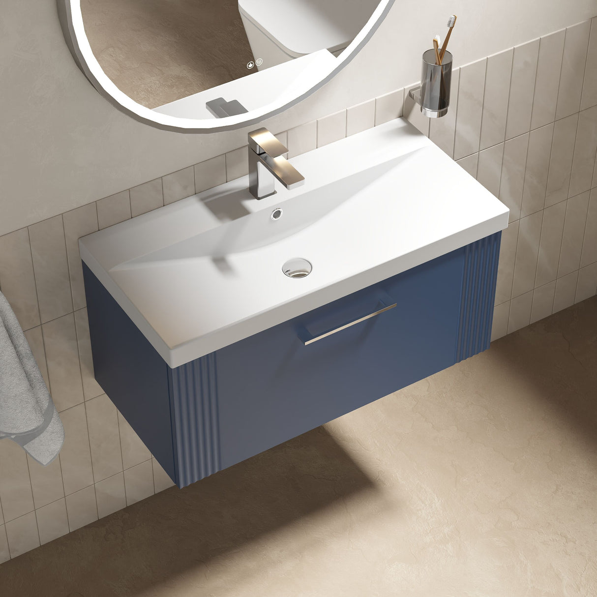 [BFPF396D] Belvide Retro Partial Fluted 1 Drawer Wall Hung Vanity Basin Unit with Thin-Edge Basin, Choice of Size and Colour - Lifestyle 2