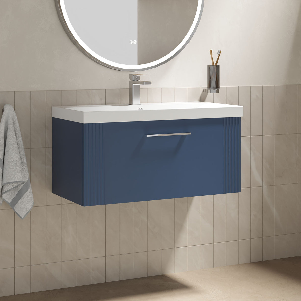 [BFPF396D] Belvide Retro Partial Fluted 1 Drawer Wall Hung Vanity Basin Unit with Thin-Edge Basin, Choice of Size and Colour - Lifestyle 3