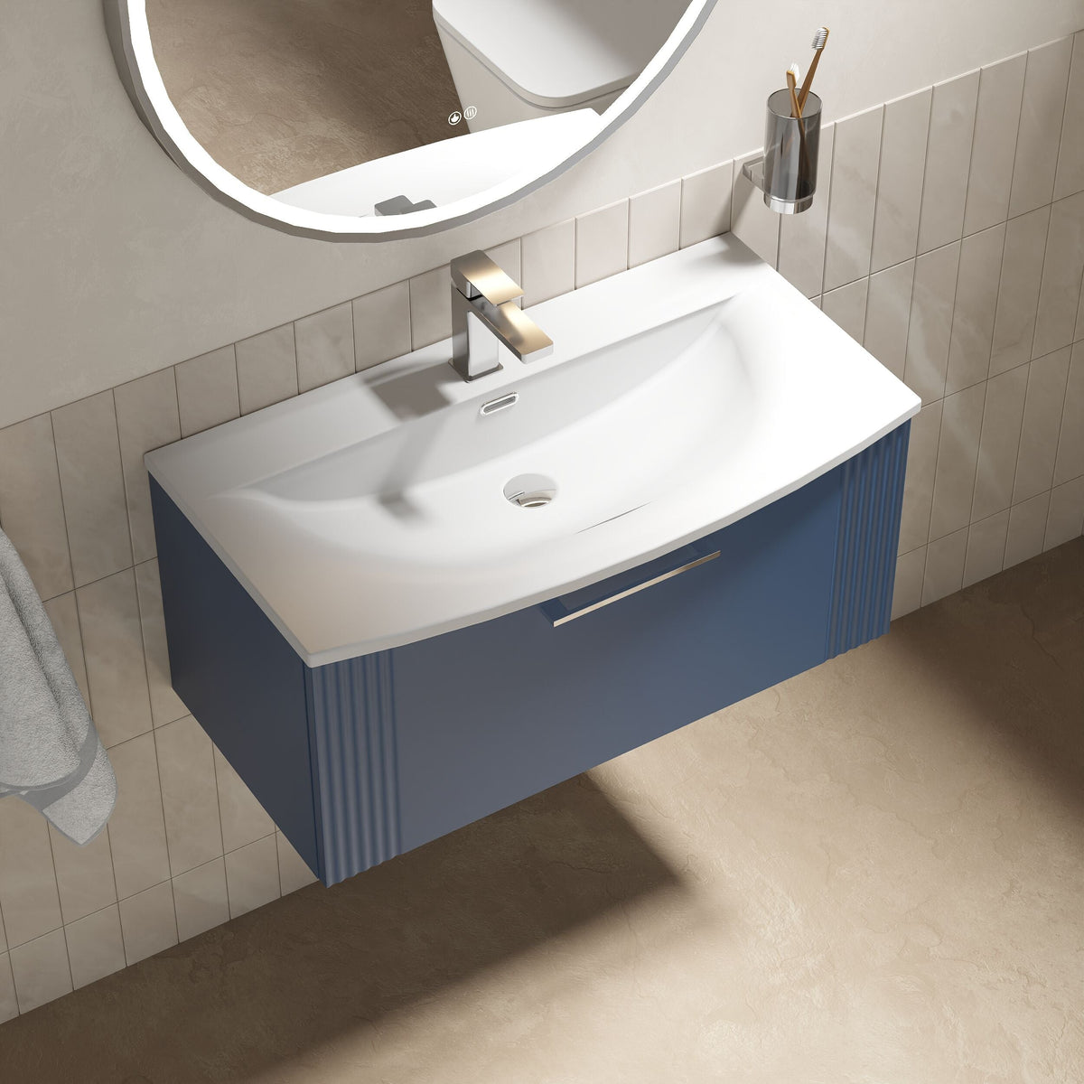 [BFPF396G] Belvide Retro Partial Fluted 1 Drawer Wall Hung Vanity Basin Unit with Curved Basin, Choice of Size and Colour - Lifestyle 2