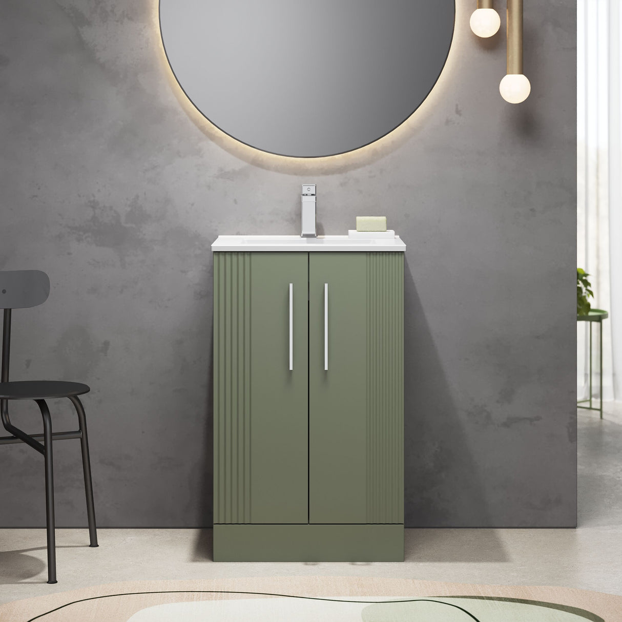 [BFPF823B] Belvide Retro Partial Fluted 2 Door Floor Standing Vanity Basin Unit with Minimalist Basin, Choice of Size and Colour - Lifestyle 1