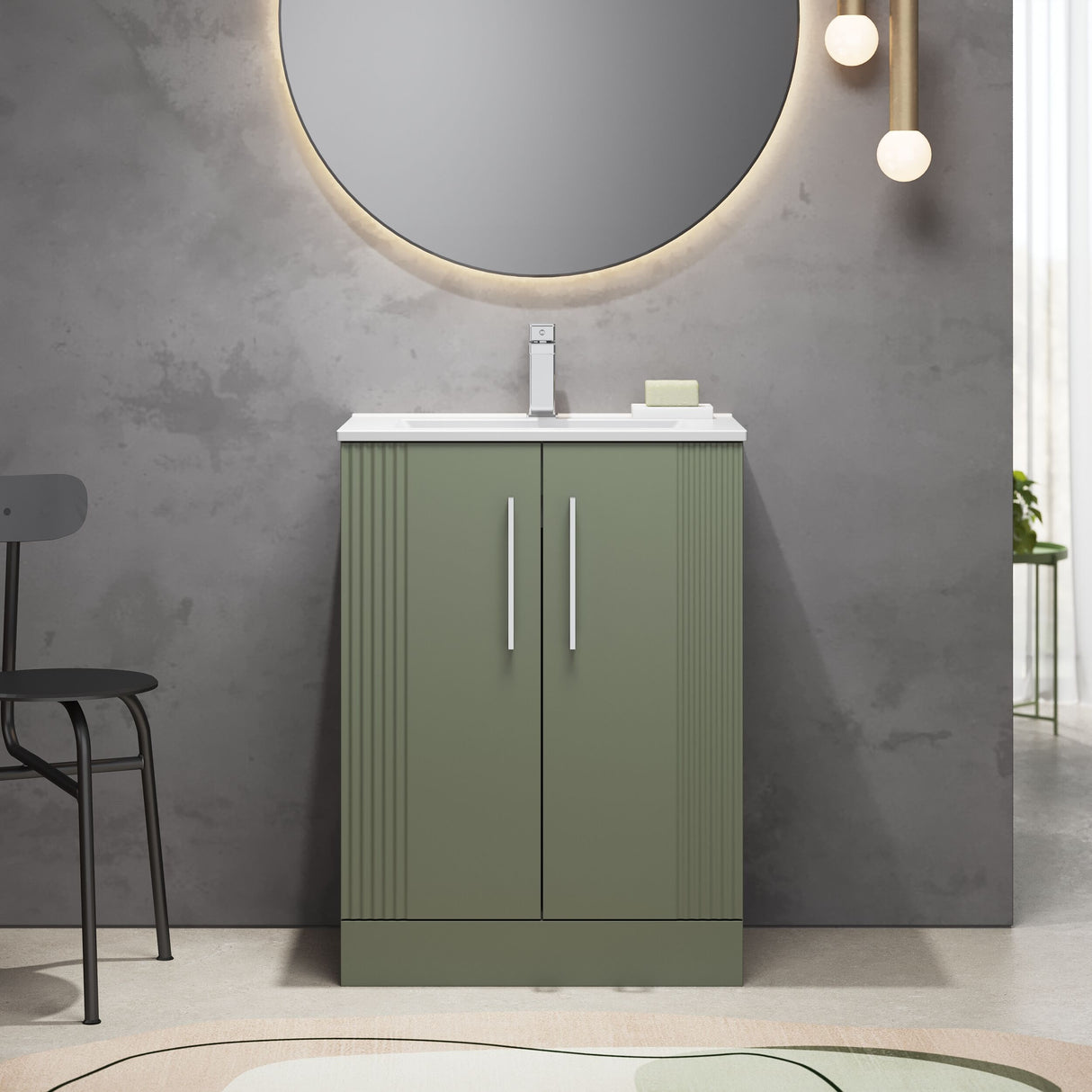 [BFPF825B] Belvide Retro Partial Fluted 2 Door Floor Standing Vanity Basin Unit with Minimalist Basin, Choice of Size and Colour - Lifestyle 1