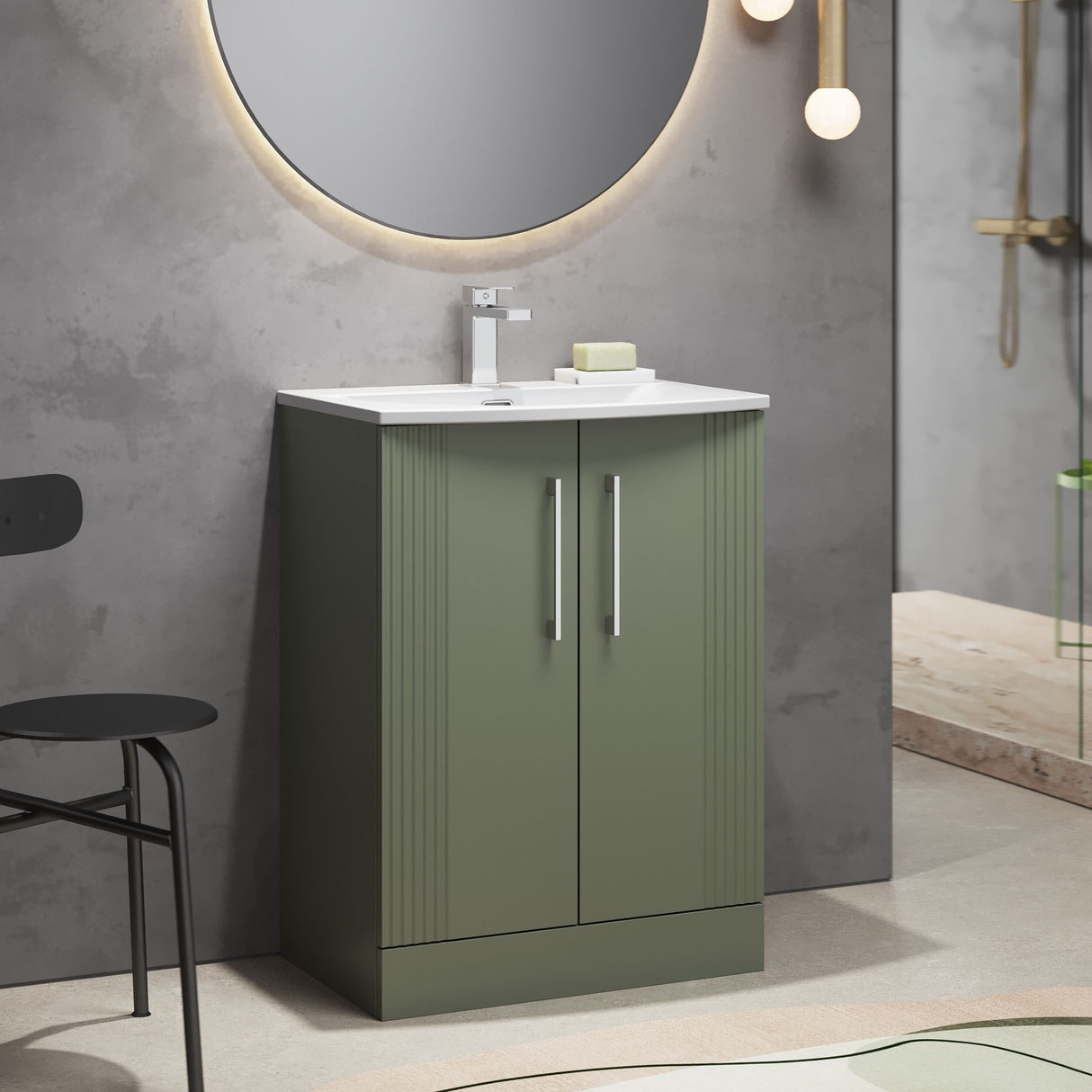 [BFPF825G] Belvide Retro Partial Fluted 2 Door Floor Standing Vanity Basin Unit with Curved Basin, Choice of Size and Colour - Lifestyle 3