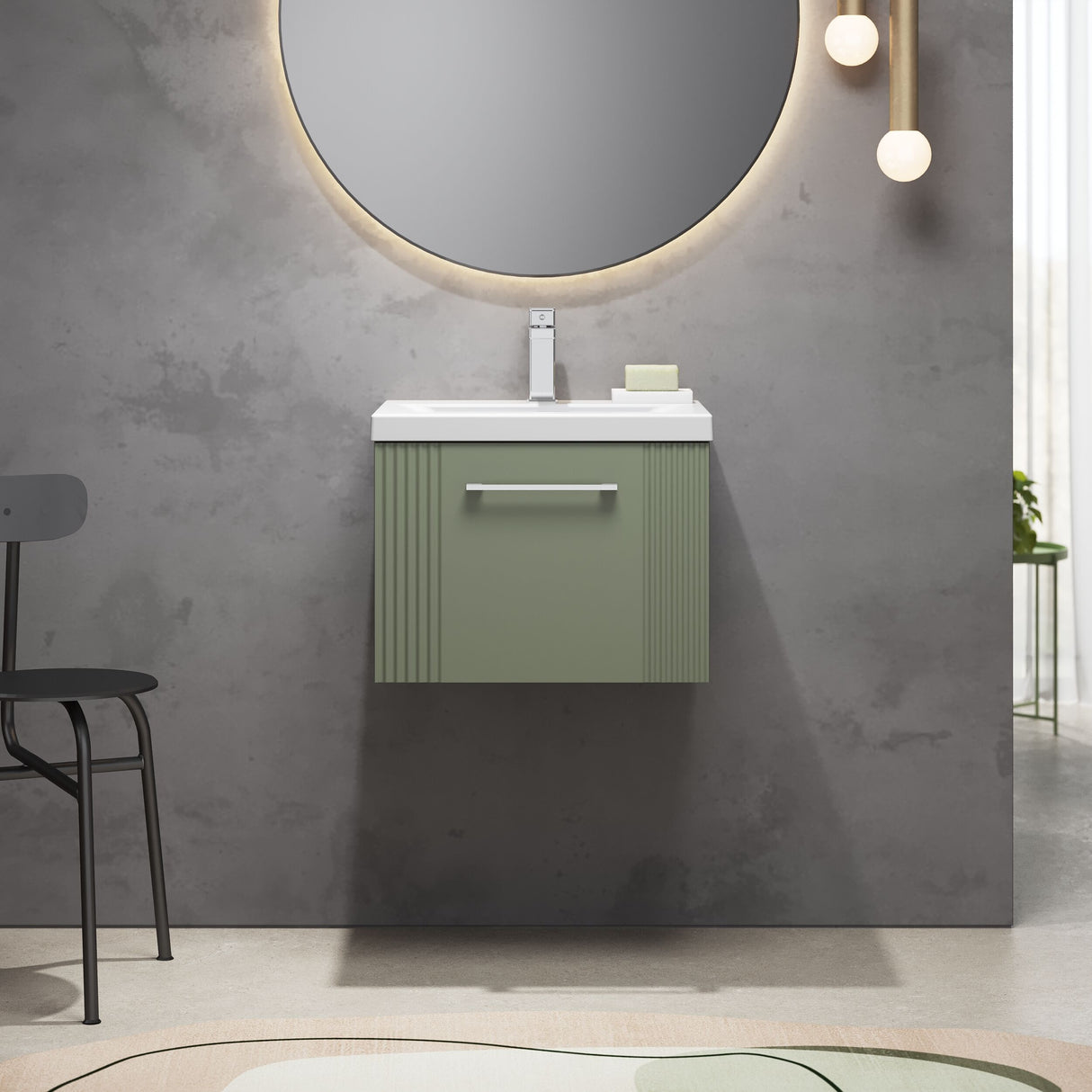 [BFPF891A] Belvide Partial Fluted 1 Drawer Wall Hung Vanity Unit with Mid-Edge 1 Tap Hole Ceramic Basin - Lifestyle 1