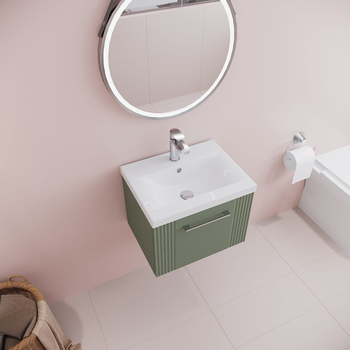 [BFPF891A] Belvide Partial Fluted 1 Drawer Wall Hung Vanity Unit with Mid-Edge 1 Tap Hole Ceramic Basin - Lifestyle 2