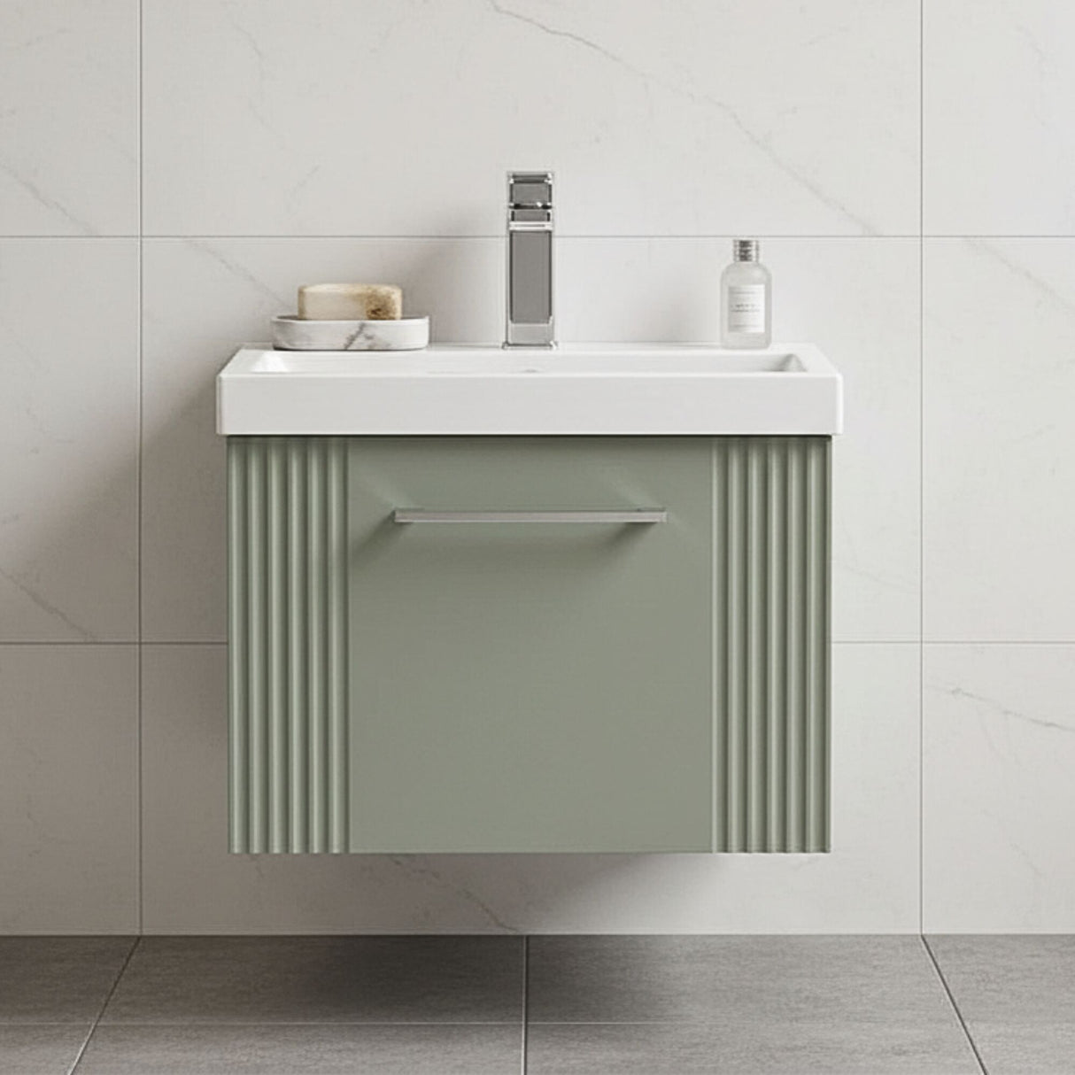 [BFPF891A] Belvide Partial Fluted 1 Drawer Wall Hung Vanity Unit with Mid-Edge 1 Tap Hole Ceramic Basin - Silo