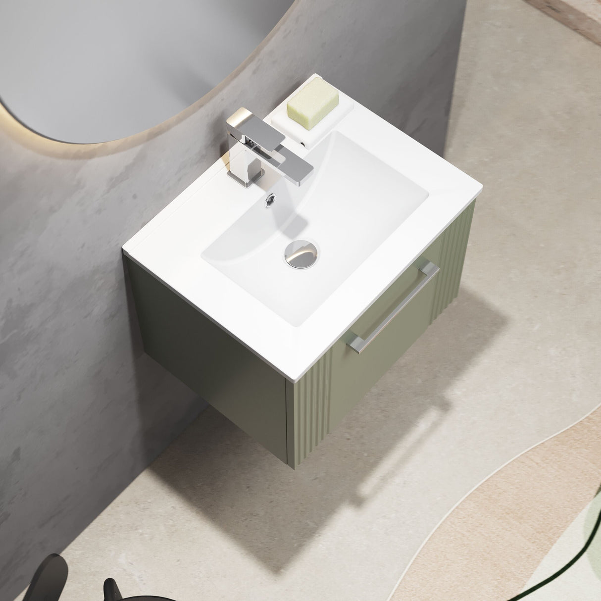[BFPF891B] Belvide Retro Partial Fluted 1 Drawer Wall Hung Vanity Basin Unit with Minimalist Basin, Choice of Size and Colour