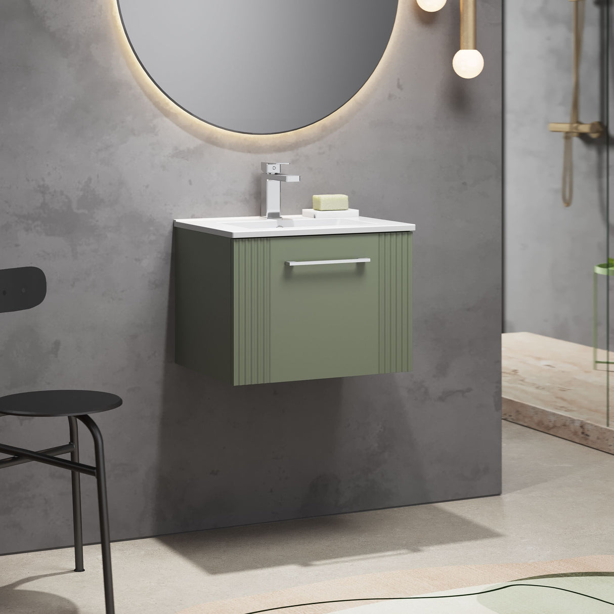 [BFPF891B] Belvide Retro Partial Fluted 1 Drawer Wall Hung Vanity Basin Unit with Minimalist Basin, Choice of Size and Colour