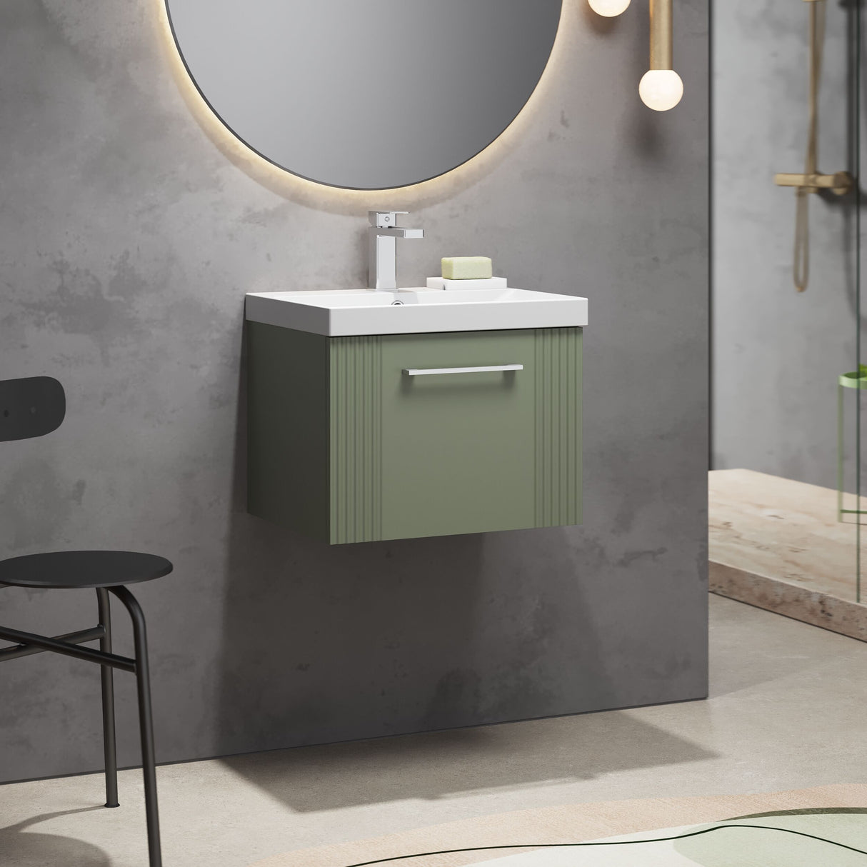 [BFPF891D] Belvide Retro Partial Fluted 1 Drawer Wall Hung Vanity Basin Unit with Thin-Edge Basin, Choice of Size and Colour - Lifestyle 3