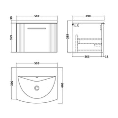 [BFPF891G] Belvide Retro Partial Fluted 1 Drawer Wall Hung Vanity Basin Unit with Curved Basin, Choice of Size and Colour - Technical Drawing