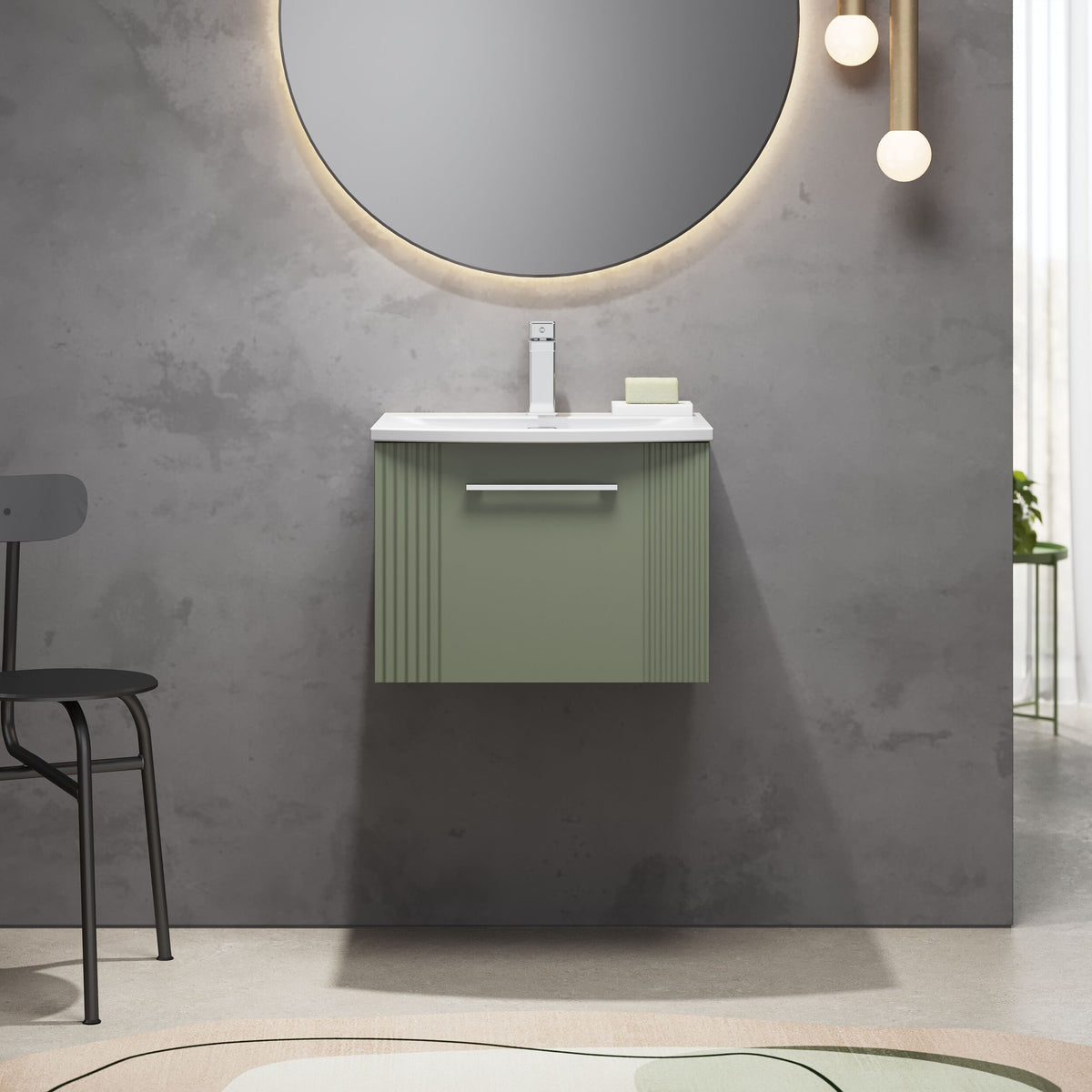 [BFPF891G] Belvide Retro Partial Fluted 1 Drawer Wall Hung Vanity Basin Unit with Curved Basin, Choice of Size and Colour - Lifestyle 1