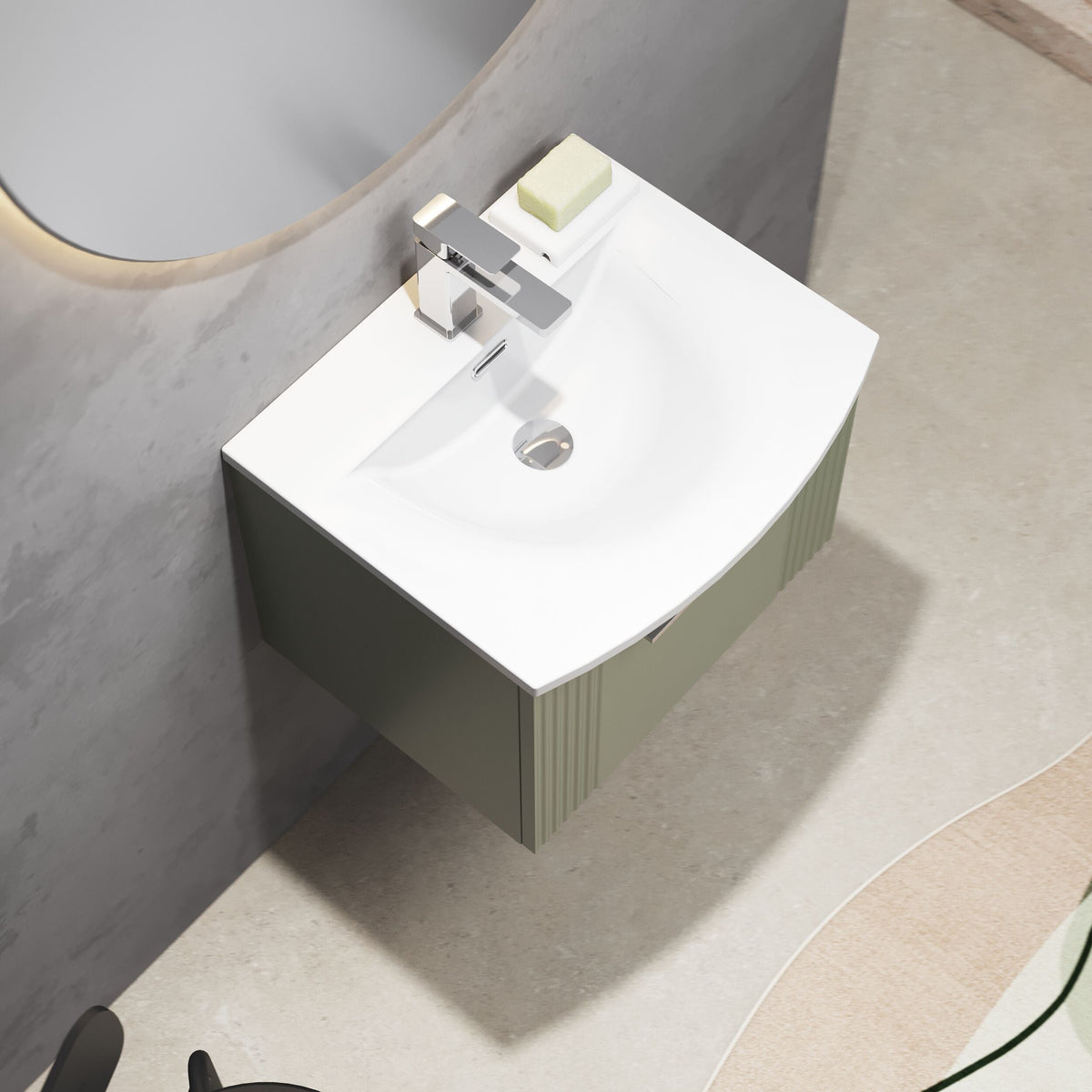 [BFPF891G] Belvide Retro Partial Fluted 1 Drawer Wall Hung Vanity Basin Unit with Curved Basin, Choice of Size and Colour - Lifestyle 2