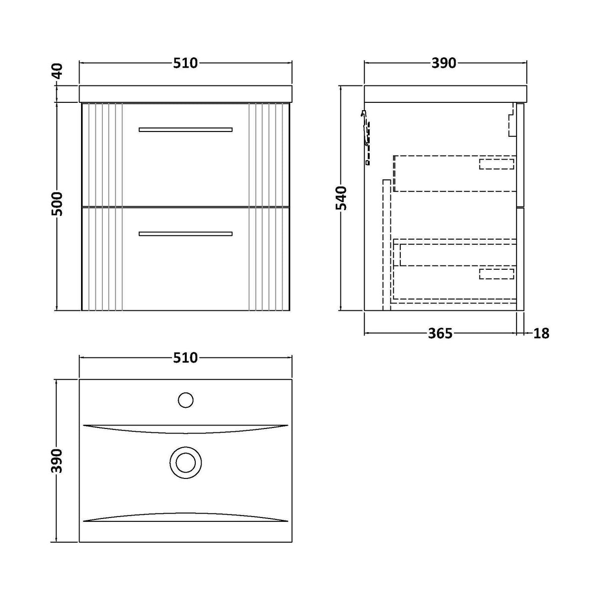 [BFPF892A] Belvide Partial Fluted 2 Drawer Wall Hung Vanity Unit with Mid-Edge 1 Tap Hole Ceramic Basin - Technical Drawing