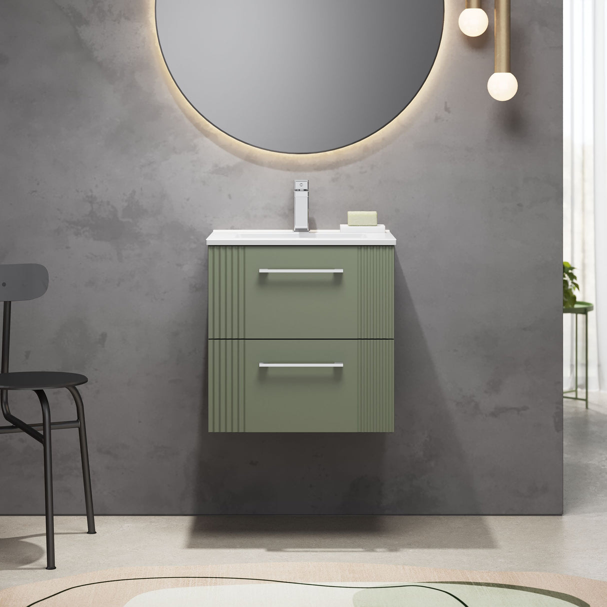 [BFPF892B] Belvide Retro Partial Fluted 2 Drawer Wall Hung Vanity Basin Unit with Minimalist Basin, Choice of Size and Colour - Lifestyle 1