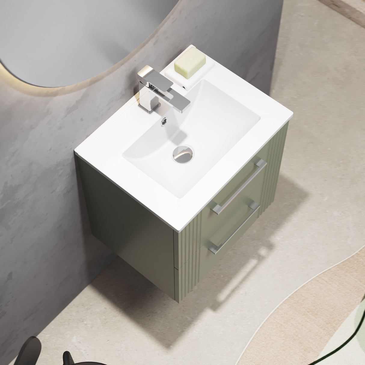 [BFPF892B] Belvide Retro Partial Fluted 2 Drawer Wall Hung Vanity Basin Unit with Minimalist Basin, Choice of Size and Colour - Lifestyle 2