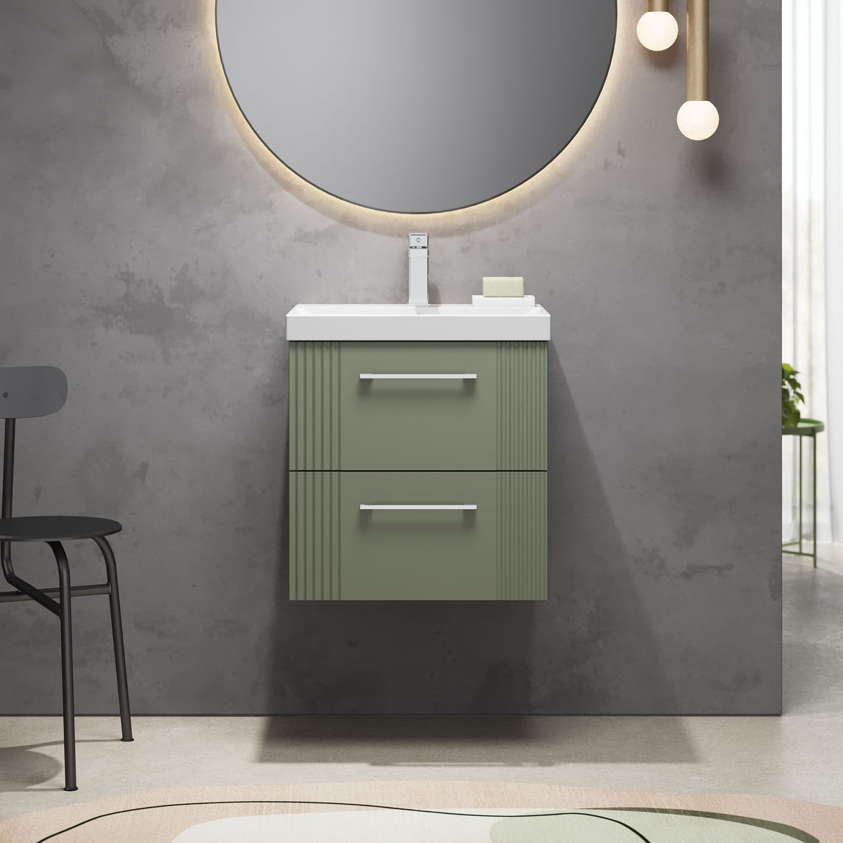 [BFPF892D] Belvide Retro Partial Fluted 2 Drawer Wall Hung Vanity Basin Unit with Thin-Edge Basin, Choice of Size and Colour - Lifestyle 1