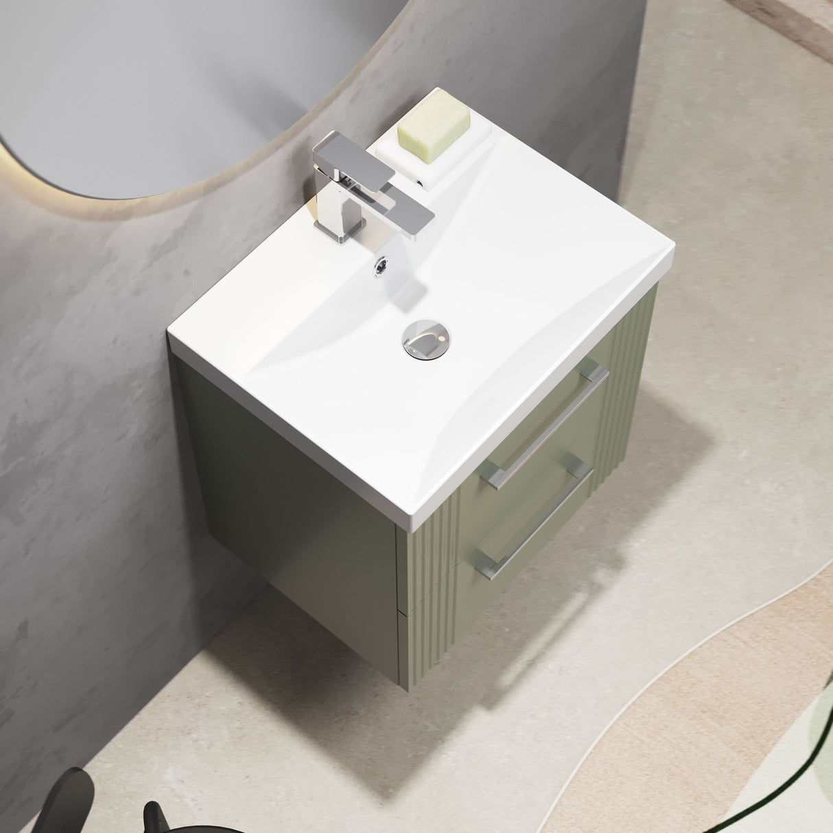 [BFPF892D] Belvide Retro Partial Fluted 2 Drawer Wall Hung Vanity Basin Unit with Thin-Edge Basin, Choice of Size and Colour - Lifestyle 2