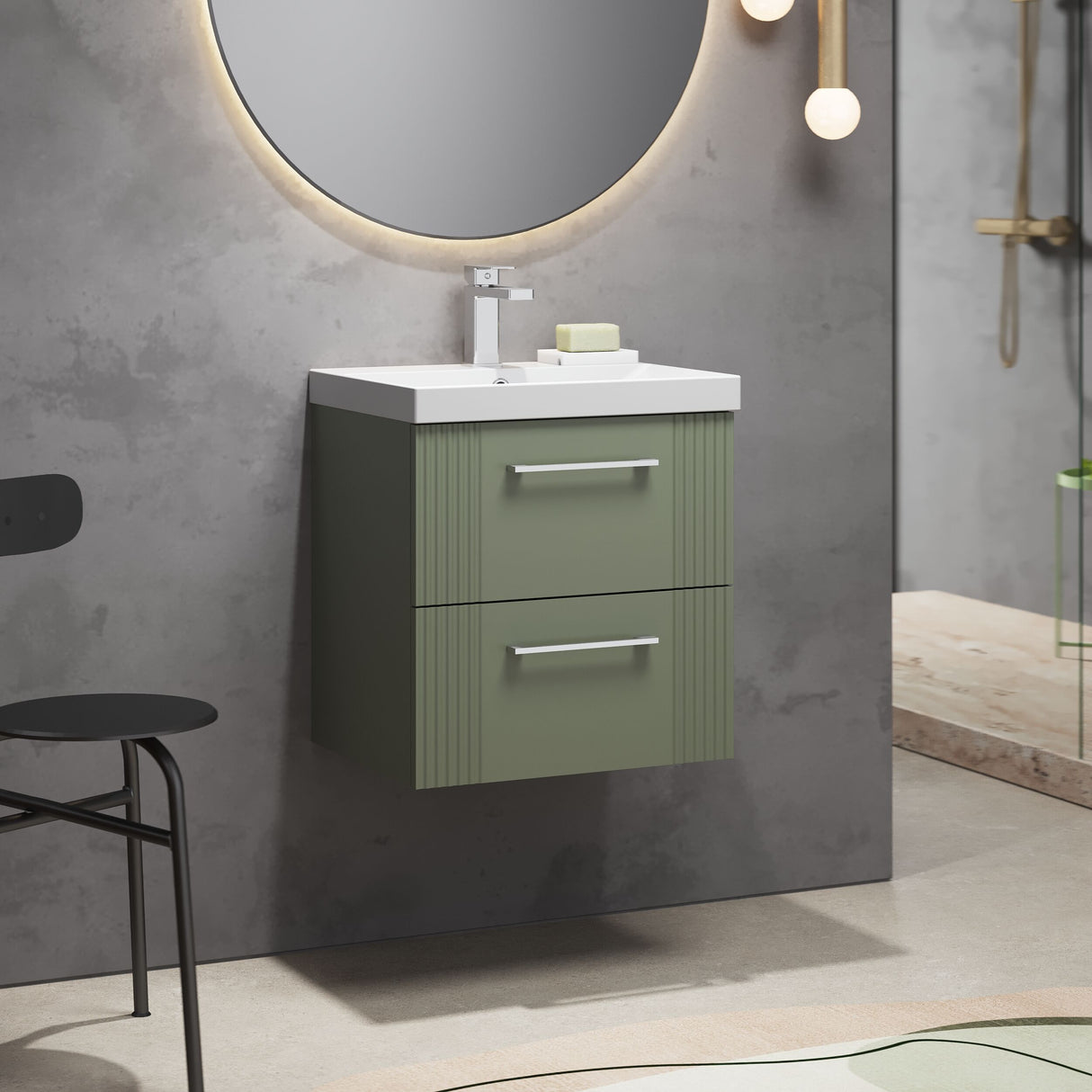 [BFPF892D] Belvide Retro Partial Fluted 2 Drawer Wall Hung Vanity Basin Unit with Thin-Edge Basin, Choice of Size and Colour - Lifestyle 3