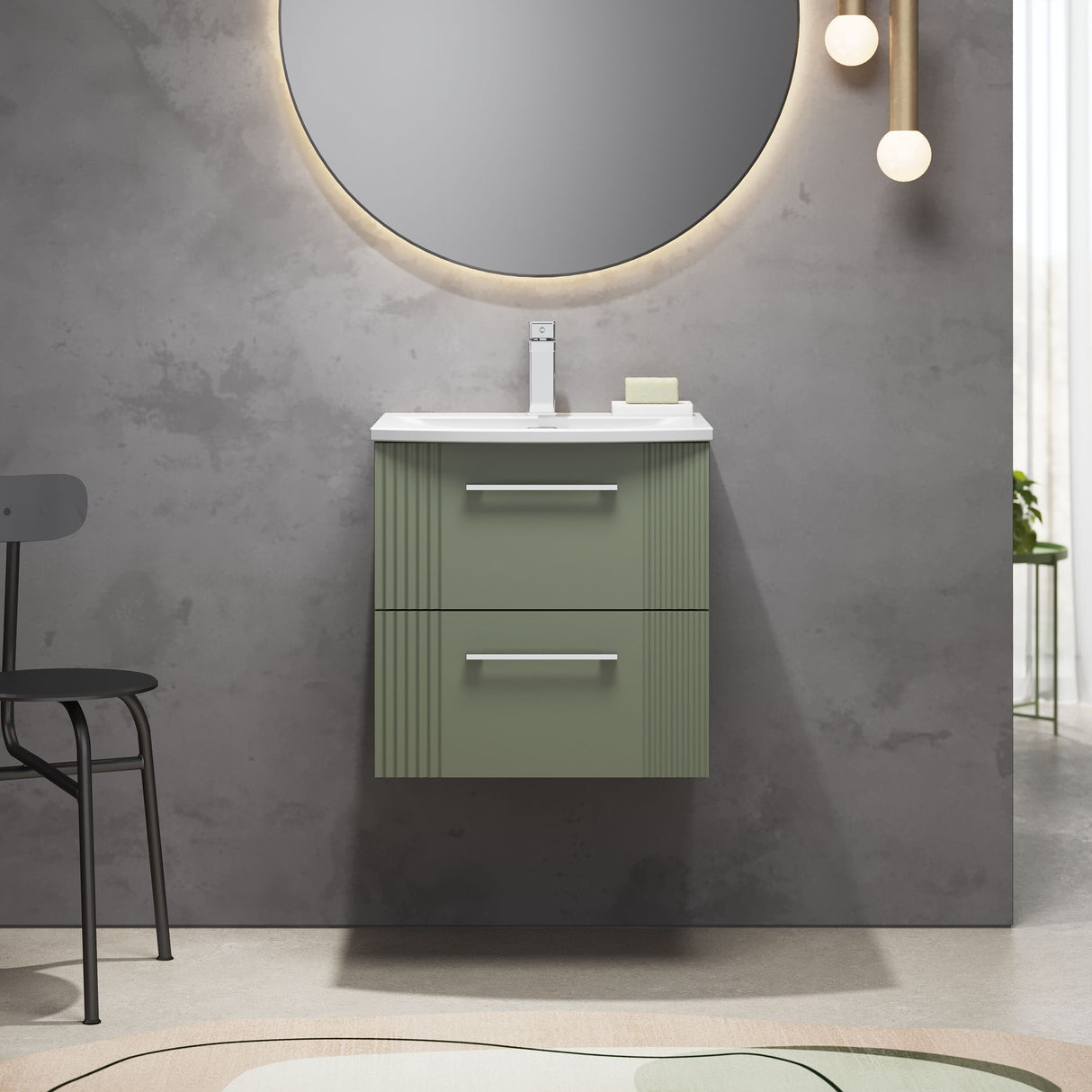 [BFPF892G] Belvide Retro Partial Fluted 2 Drawer Wall Hung Vanity Basin Unit with Curved Basin, Choice of Size and Colour - Lifestyle 1