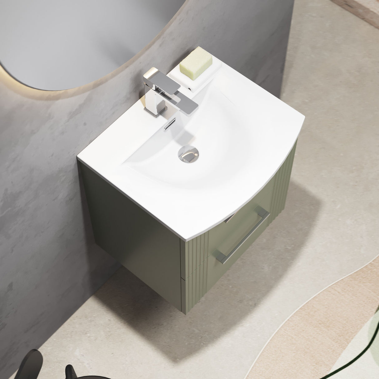 [BFPF892G] Belvide Retro Partial Fluted 2 Drawer Wall Hung Vanity Basin Unit with Curved Basin, Choice of Size and Colour - Lifestyle 2