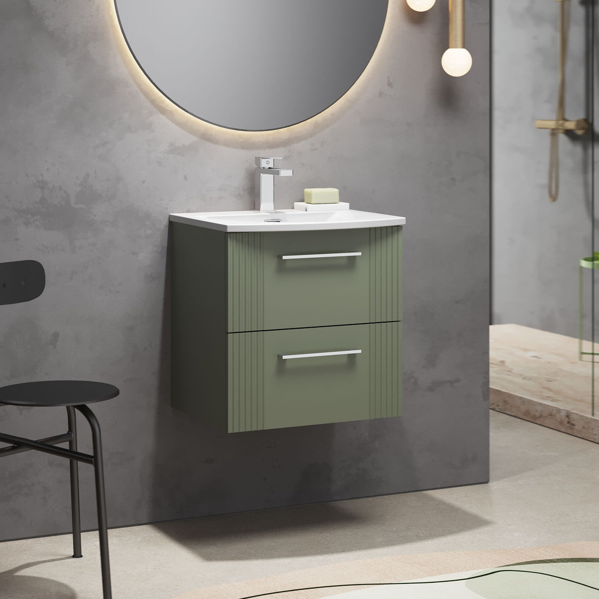 [BFPF892G] Belvide Retro Partial Fluted 2 Drawer Wall Hung Vanity Basin Unit with Curved Basin, Choice of Size and Colour - Lifestyle 3