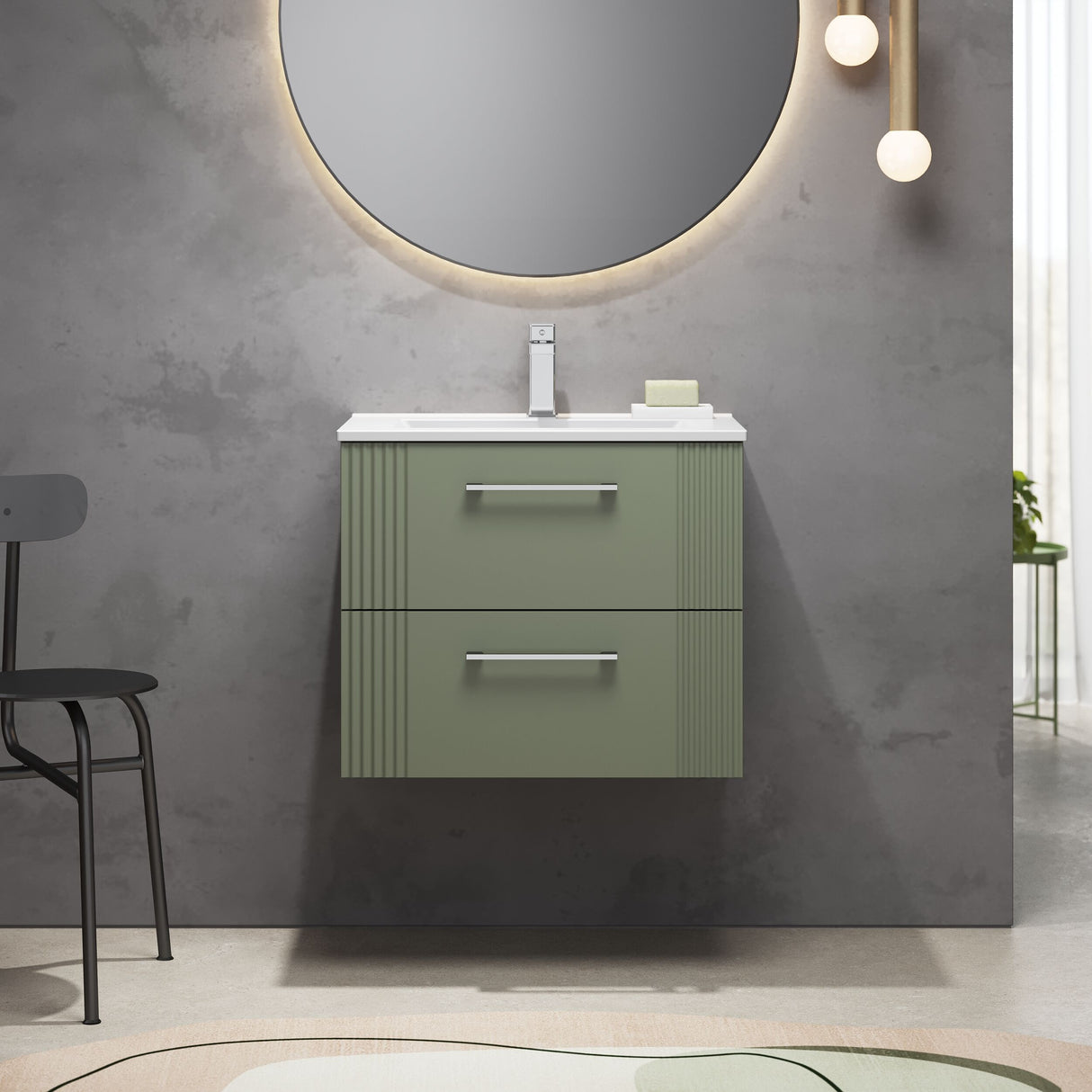 [BFPF893B] Belvide Retro Partial Fluted 2 Drawer Wall Hung Vanity Basin Unit with Minimalist Basin, Choice of Size and Colour - Lifestyle 1