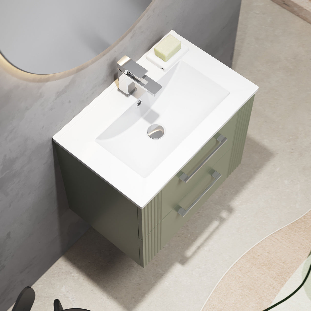[BFPF893B] Belvide Retro Partial Fluted 2 Drawer Wall Hung Vanity Basin Unit with Minimalist Basin, Choice of Size and Colour - Lifestyle 2