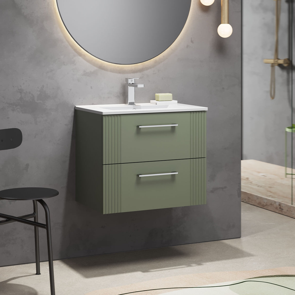 [BFPF893B] Belvide Retro Partial Fluted 2 Drawer Wall Hung Vanity Basin Unit with Minimalist Basin, Choice of Size and Colour - Lifestyle 3