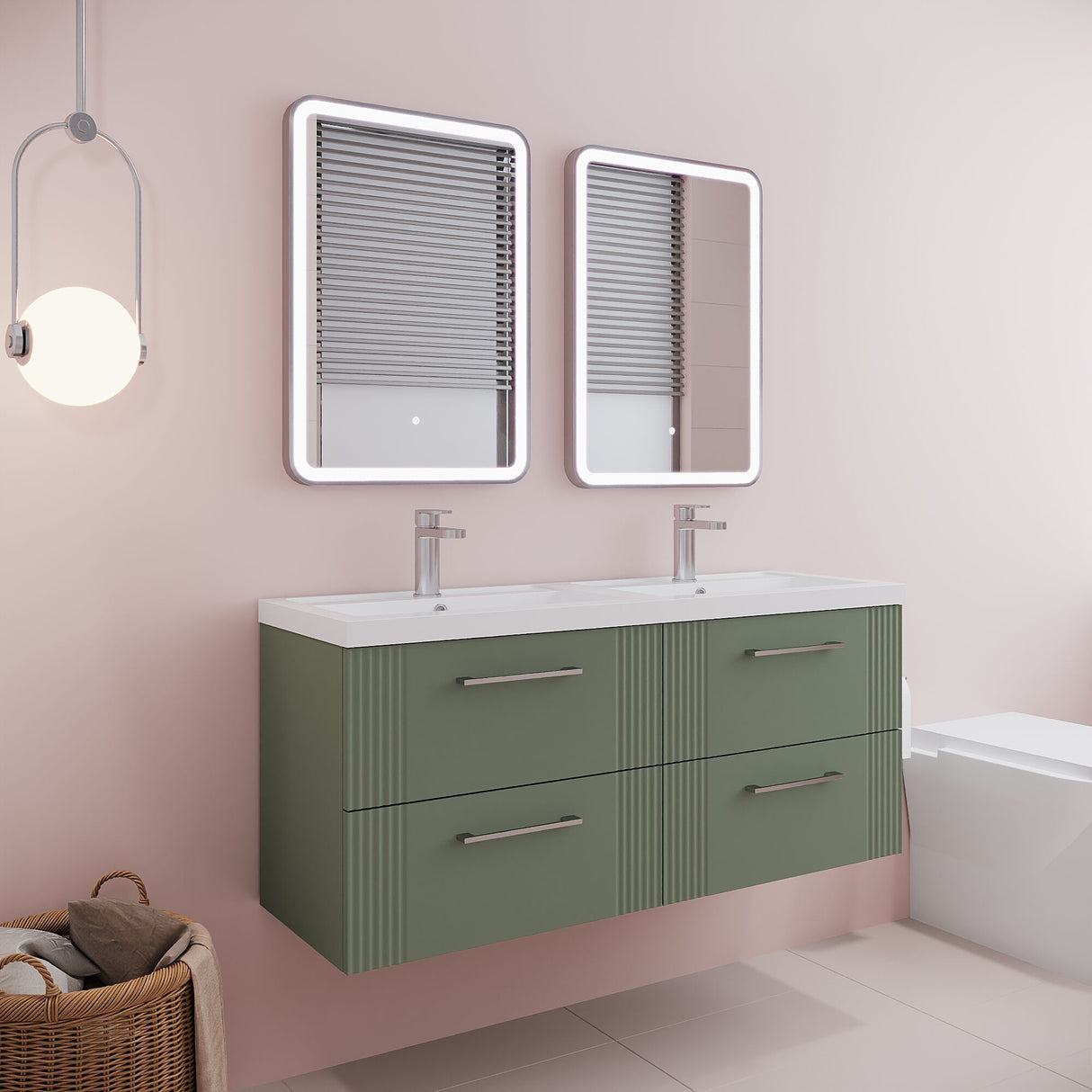 [BFPF893C] Belvide Retro Partial Fluted 4 Drawer Wall Hung Vanity Basin Unit with Double Polymarble Basin, Choice of Colour - Lifestyle 3
