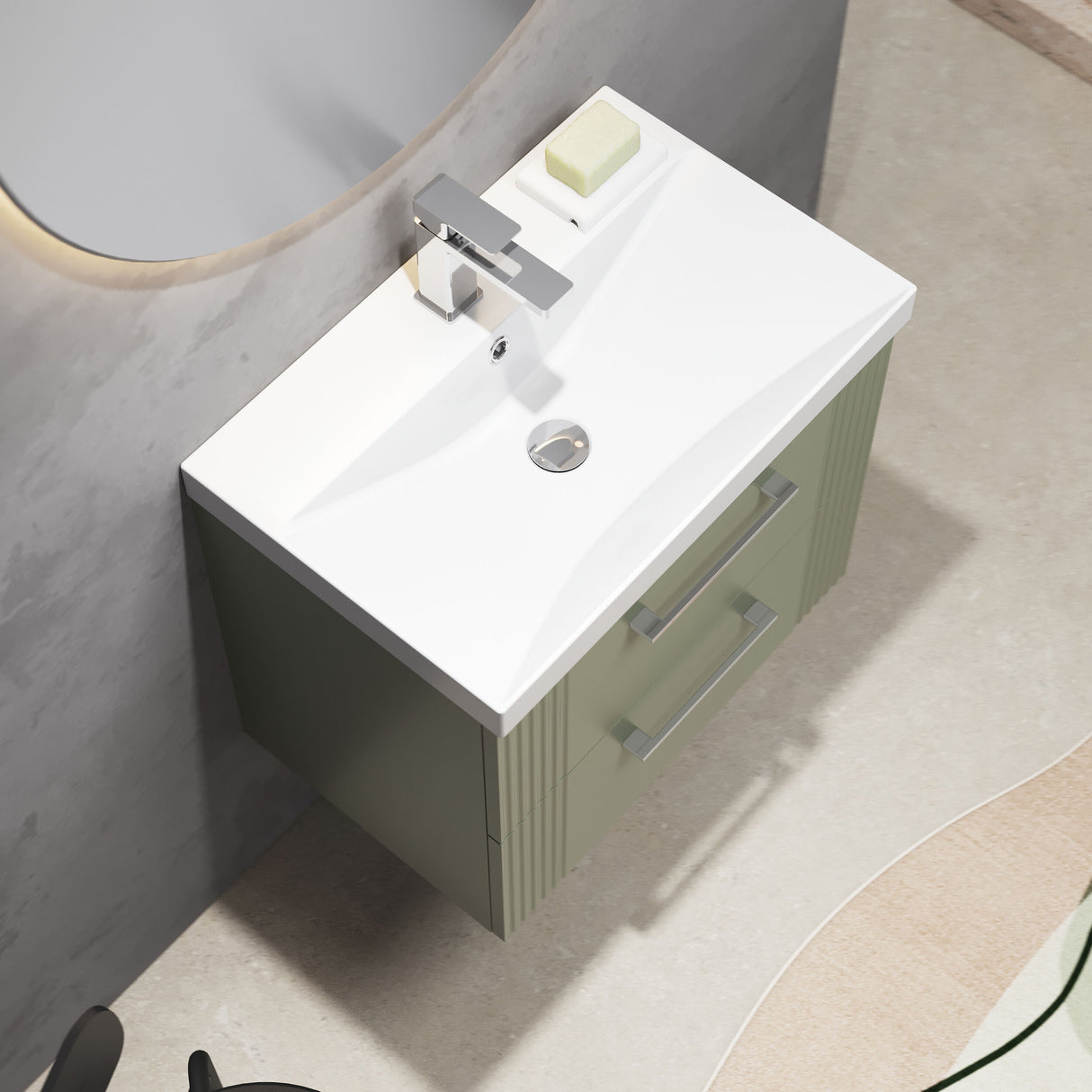 [BFPF893D] Belvide Retro Partial Fluted 2 Drawer Wall Hung Vanity Basin Unit with Thin-Edge Basin, Choice of Size and Colour - Lifestyle 2