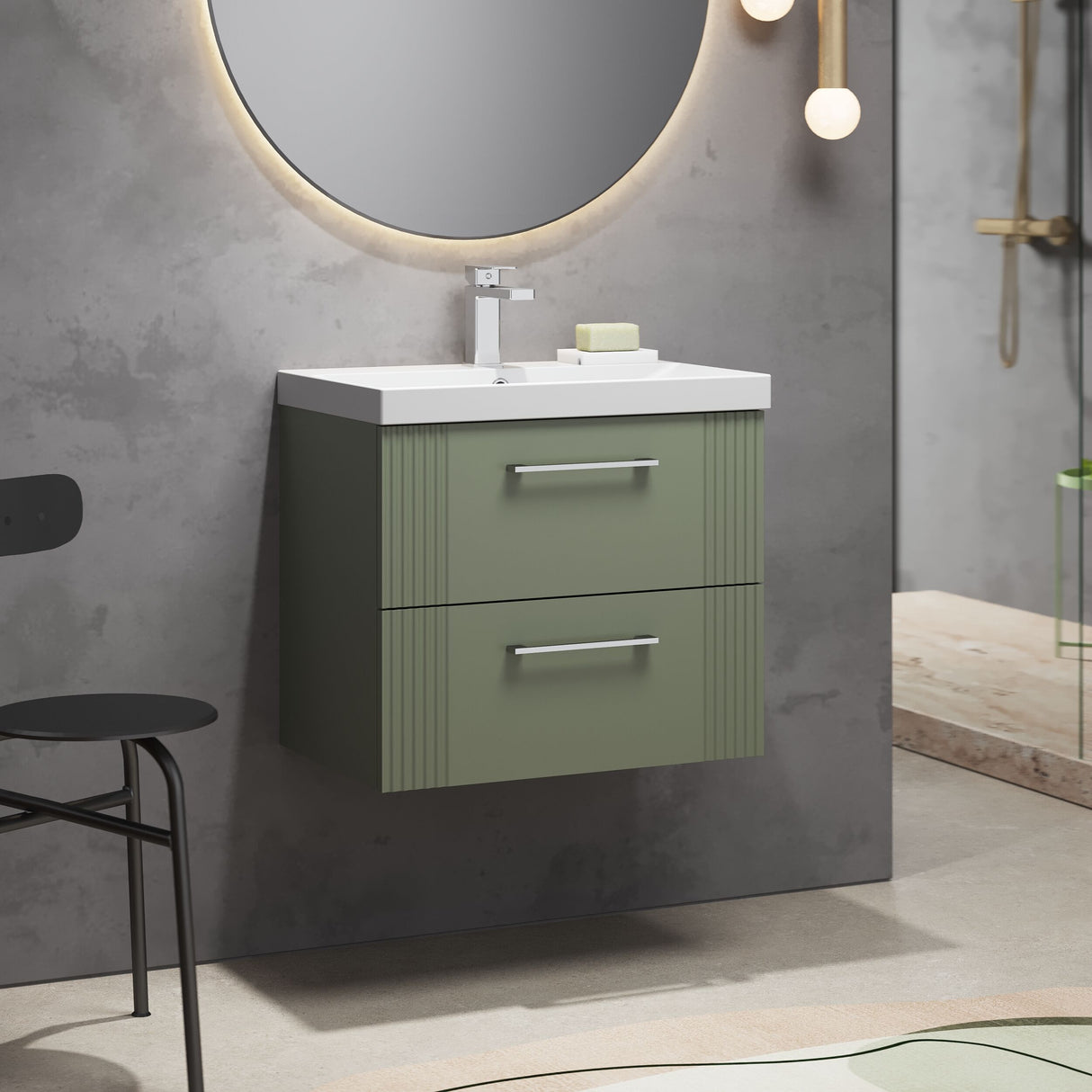 [BFPF893D] Belvide Retro Partial Fluted 2 Drawer Wall Hung Vanity Basin Unit with Thin-Edge Basin, Choice of Size and Colour - Lifestyle 3