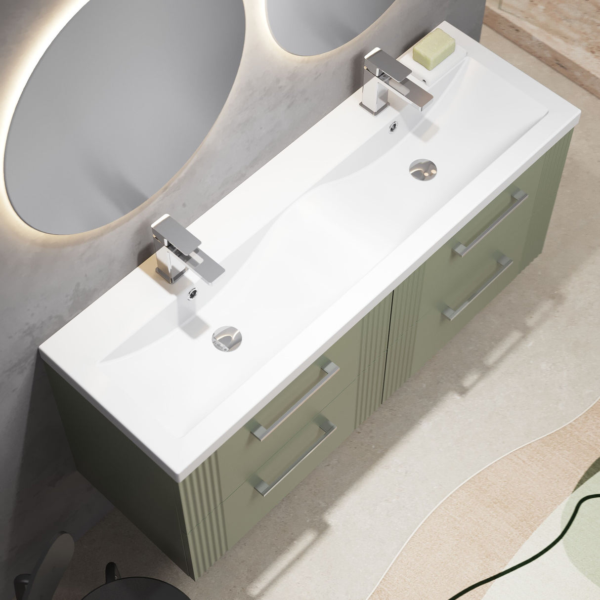 [BFPF893F] Belvide Retro Partial Fluted 4 Drawer Wall Hung Vanity Basin Unit with Double Ceramic Basin, Choice of Colour - Lifestyle 2