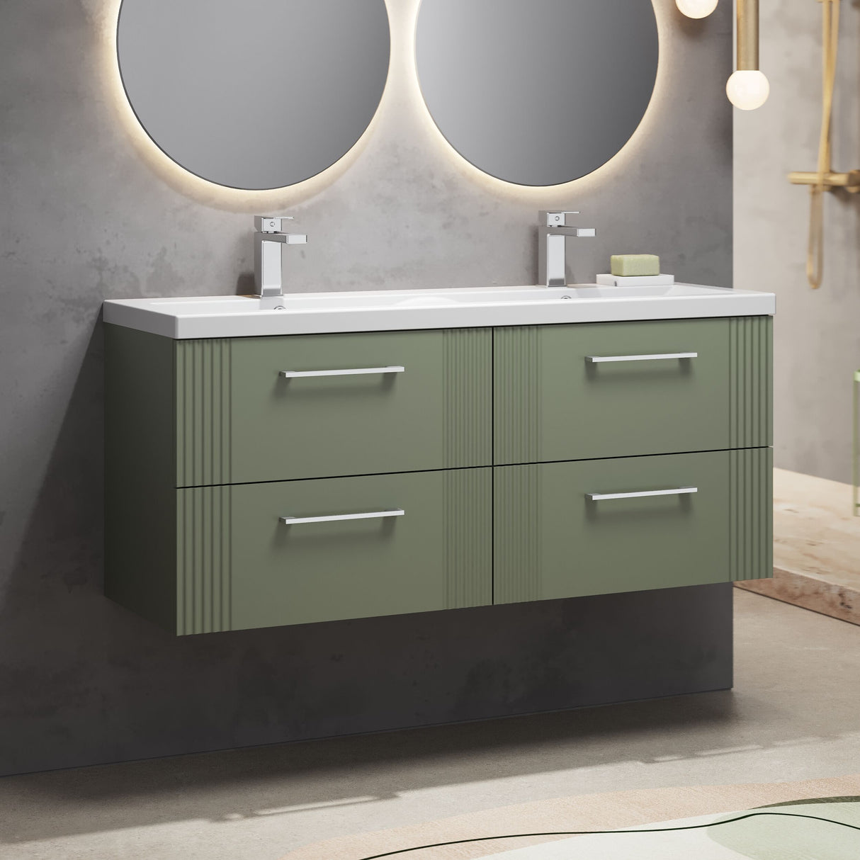 [BFPF893F] Belvide Retro Partial Fluted 4 Drawer Wall Hung Vanity Basin Unit with Double Ceramic Basin, Choice of Colour - Lifestyle 3