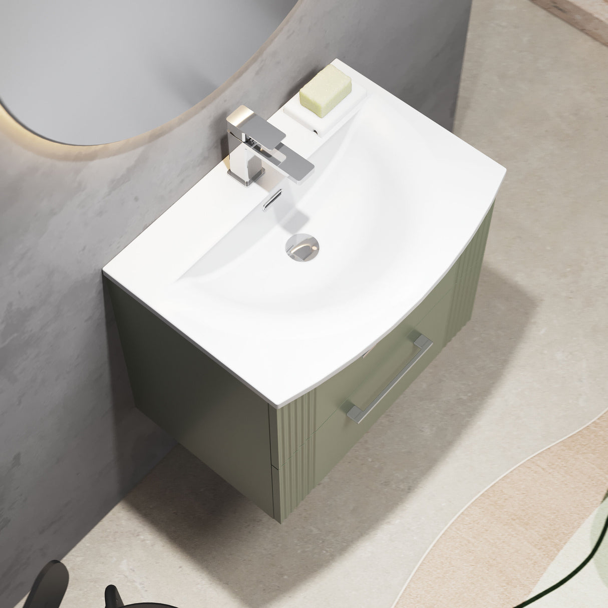 [BFPF893G] Belvide Retro Partial Fluted 2 Drawer Wall Hung Vanity Basin Unit with Curved Basin, Choice of Size and Colour - Lifestyle 2