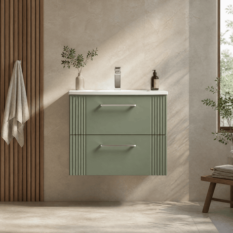 [BFPF893G] Belvide Retro Partial Fluted 2 Drawer Wall Hung Vanity Basin Unit with Curved Basin, Choice of Size and Colour - Silo