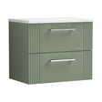 [BFPF893LSW] Partial Fluted 2 Drawer Wall Hung Vanity Unit with Sparkling White Laminate Worktop - 600mm - Satin Green - Cutout