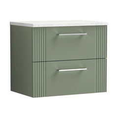 [BFPF893LSW] Partial Fluted 2 Drawer Wall Hung Vanity Unit with Sparkling White Laminate Worktop - 600mm - Satin Green - Cutout