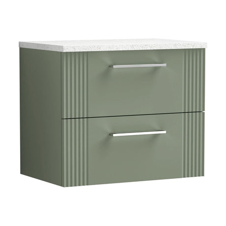 [BFPF893LSW] Partial Fluted 2 Drawer Wall Hung Vanity Unit with Sparkling White Laminate Worktop - 600mm - Satin Green - Cutout