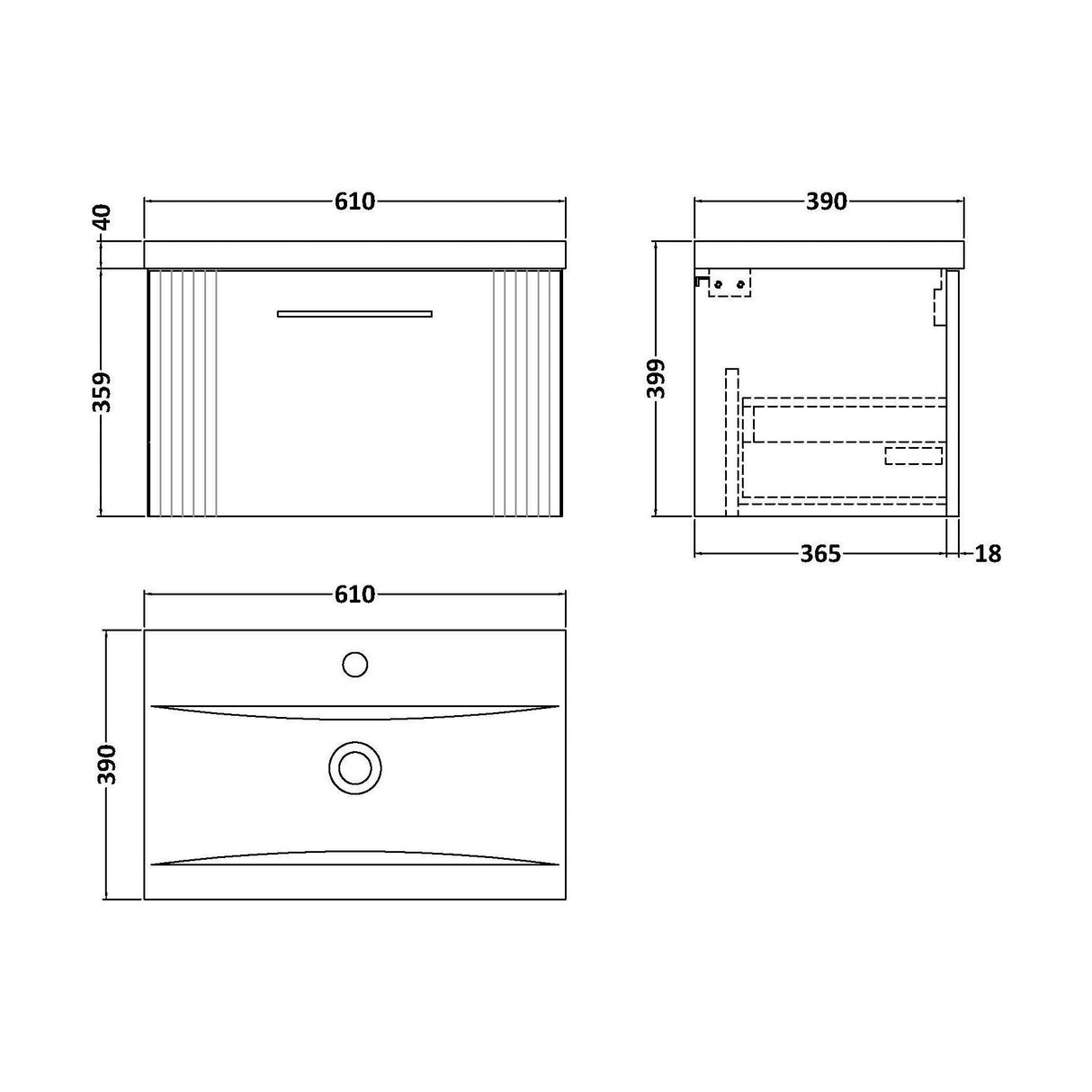 [BFPF894A] Belvide Partial Fluted 1 Drawer Wall Hung Vanity Unit with Mid-Edge 1 Tap Hole Ceramic Basin - Technical Drawing