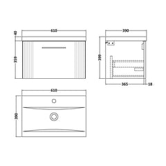 [BFPF894A] Belvide Partial Fluted 1 Drawer Wall Hung Vanity Unit with Mid-Edge 1 Tap Hole Ceramic Basin - Technical Drawing