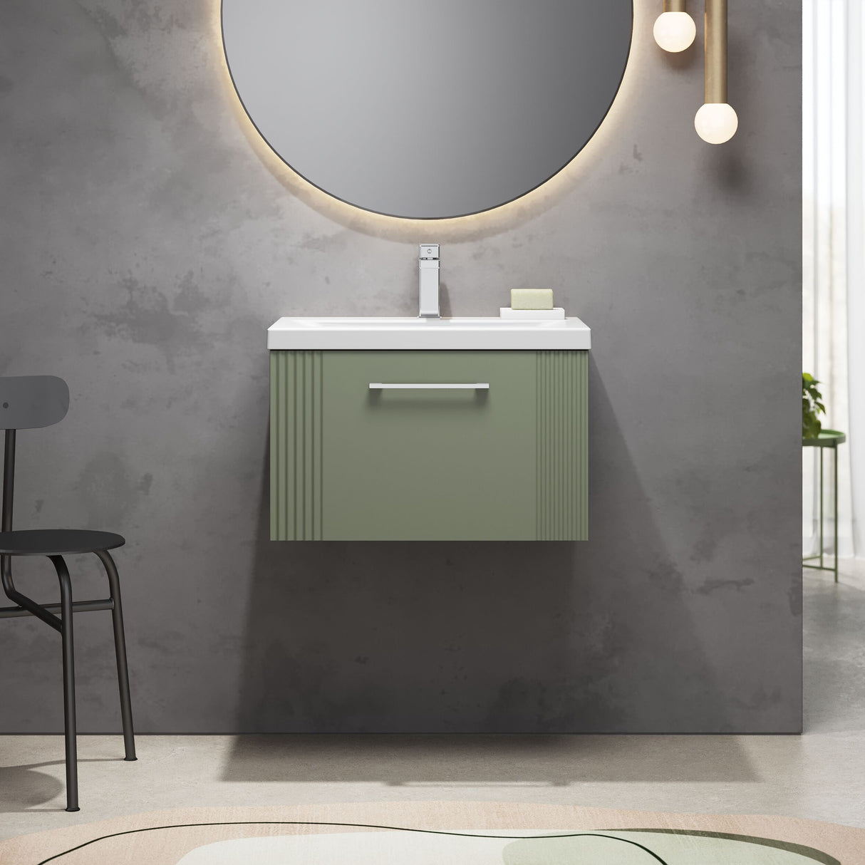 [BFPF894A] Belvide Partial Fluted 1 Drawer Wall Hung Vanity Unit with Mid-Edge 1 Tap Hole Ceramic Basin - Lifestyle 1