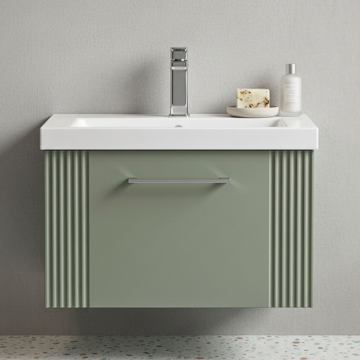 [BFPF894A] Belvide Partial Fluted 1 Drawer Wall Hung Vanity Unit with Mid-Edge 1 Tap Hole Ceramic Basin - Silo