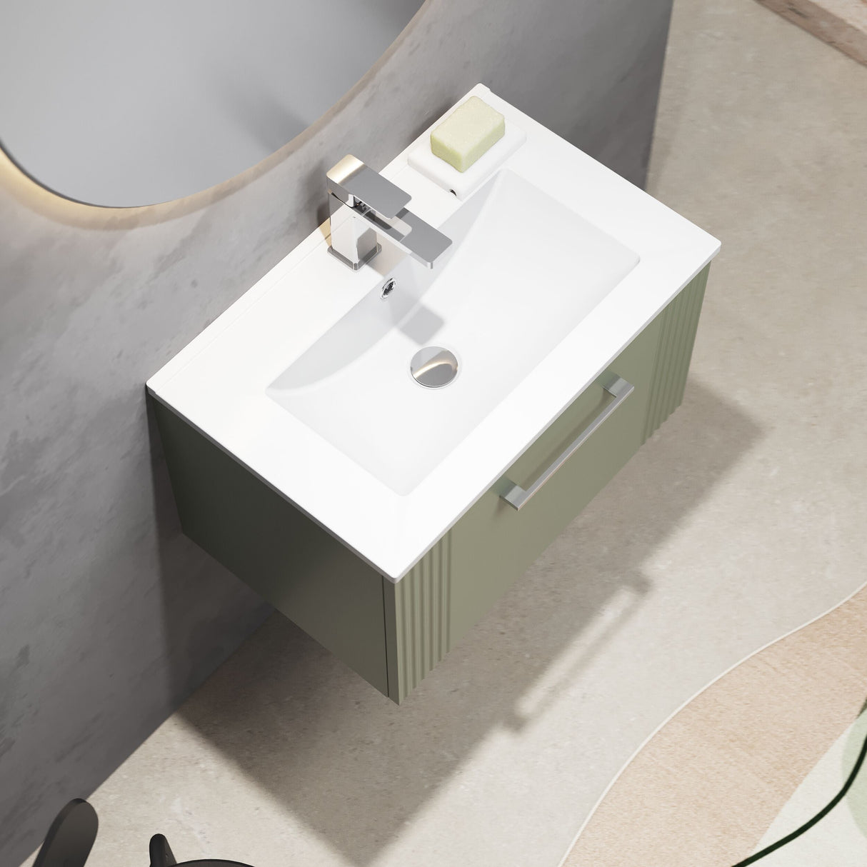 [BFPF894B] Belvide Retro Partial Fluted 1 Drawer Wall Hung Vanity Basin Unit with Minimalist Basin, Choice of Size and Colour
