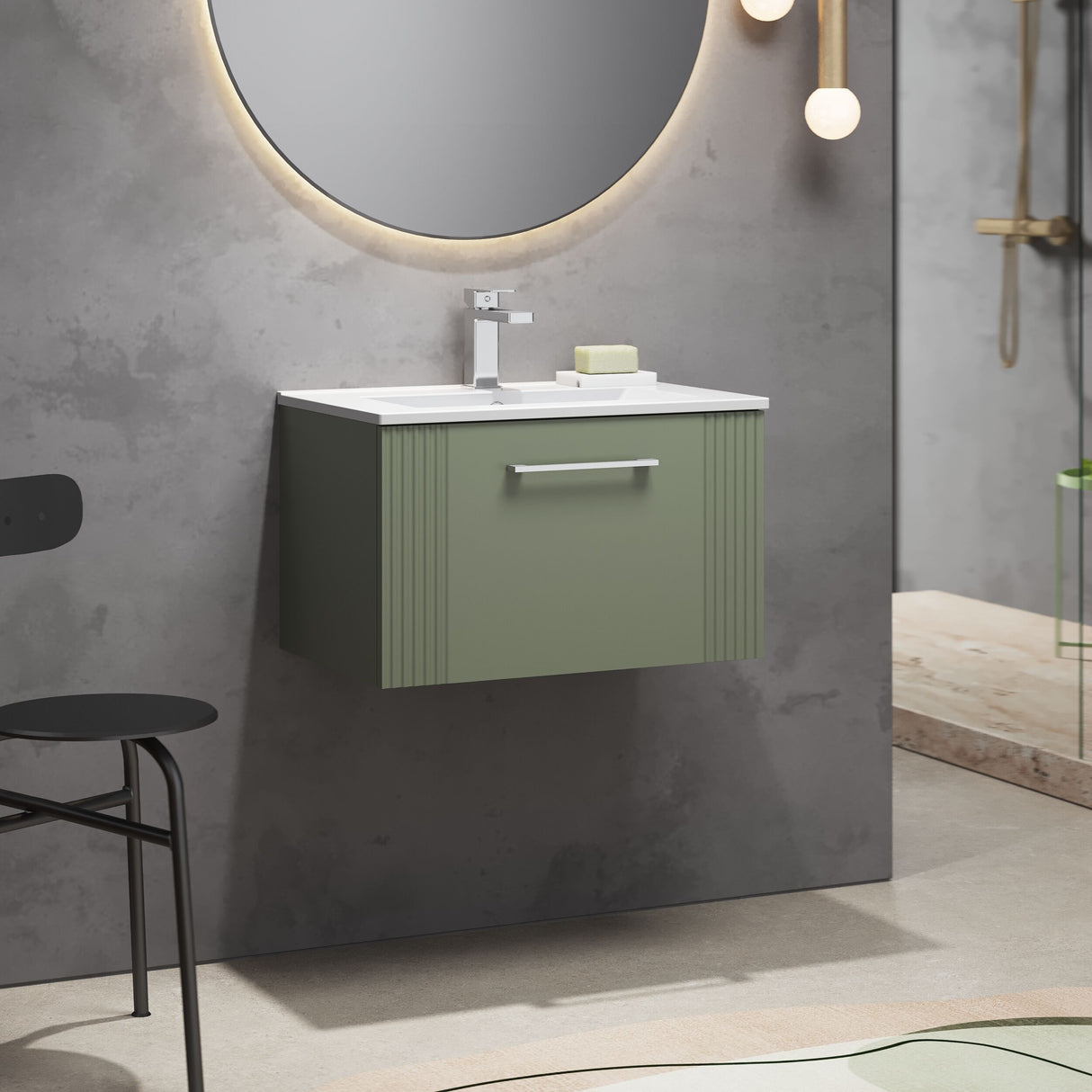 [BFPF894B] Belvide Retro Partial Fluted 1 Drawer Wall Hung Vanity Basin Unit with Minimalist Basin, Choice of Size and Colour