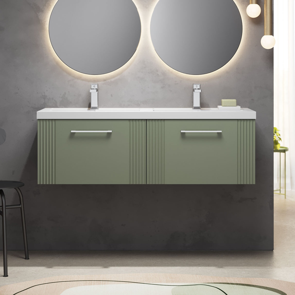 [BFPF894C] Belvide Retro Partial Fluted 2 Drawer Wall Hung Vanity Basin Unit with Double Polymarble Basin, Choice of Colour - Lifestyle 1