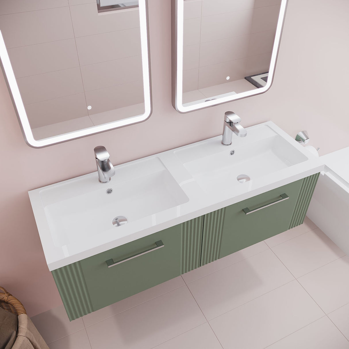 [BFPF894C] Belvide Retro Partial Fluted 2 Drawer Wall Hung Vanity Basin Unit with Double Polymarble Basin, Choice of Colour - Lifestyle 2