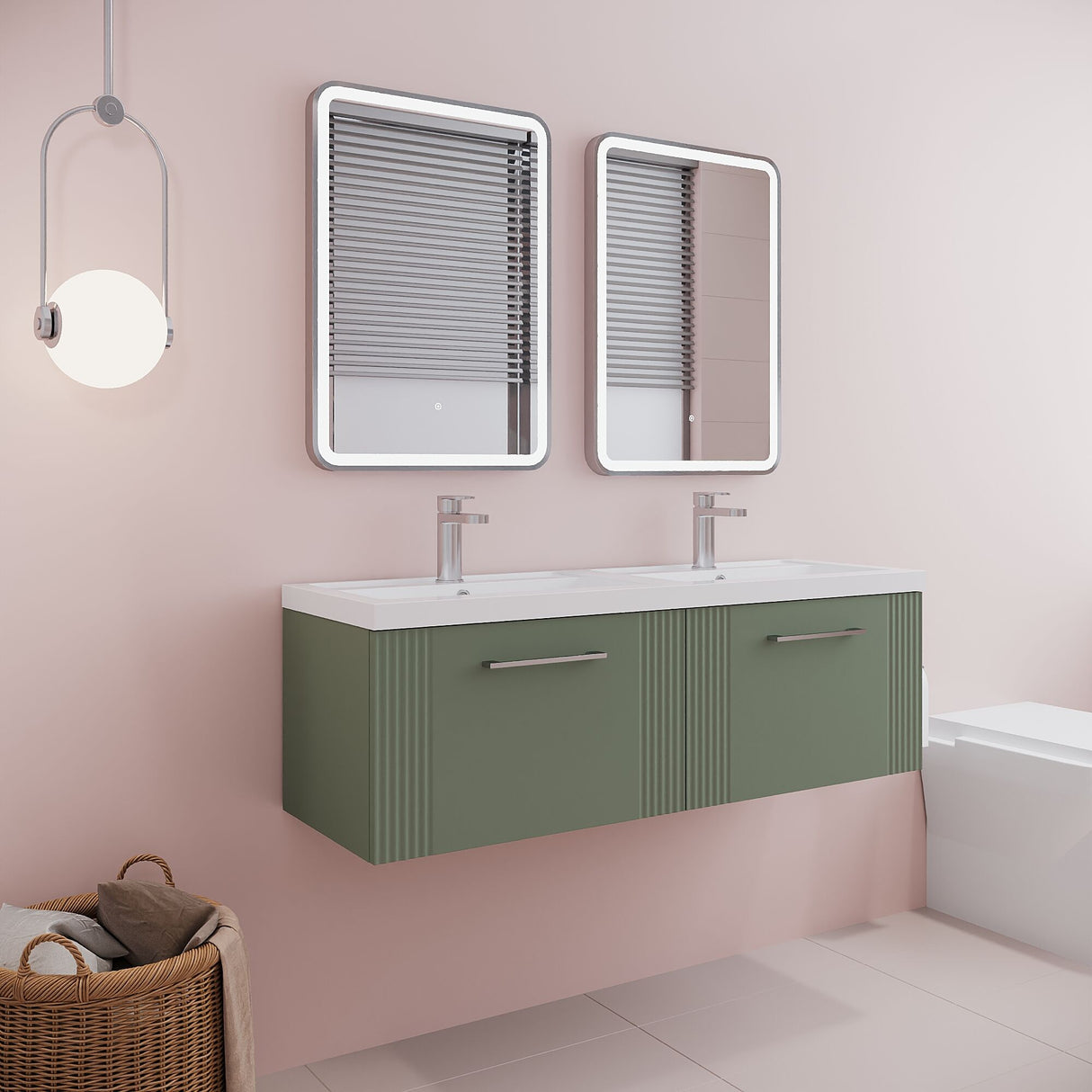 [BFPF894C] Belvide Retro Partial Fluted 2 Drawer Wall Hung Vanity Basin Unit with Double Polymarble Basin, Choice of Colour - Lifestyle 3