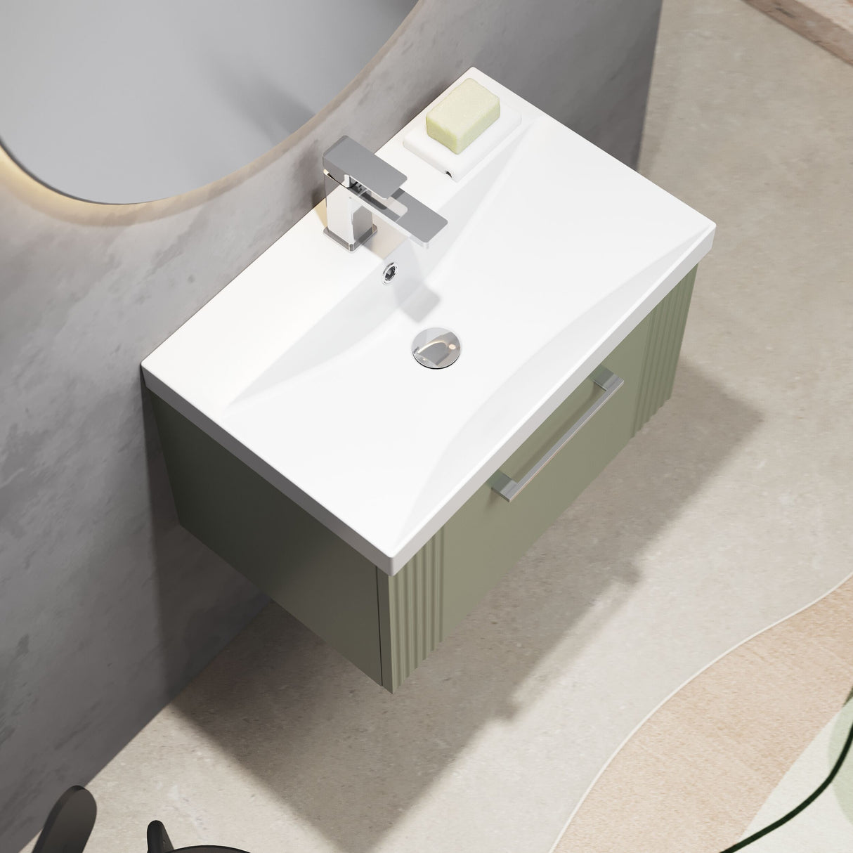 [BFPF894D] Belvide Retro Partial Fluted 1 Drawer Wall Hung Vanity Basin Unit with Thin-Edge Basin, Choice of Size and Colour - Lifestyle 2
