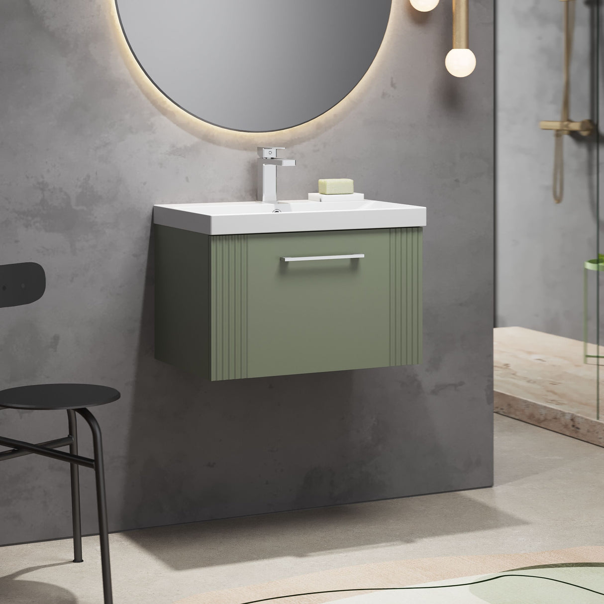 [BFPF894D] Belvide Retro Partial Fluted 1 Drawer Wall Hung Vanity Basin Unit with Thin-Edge Basin, Choice of Size and Colour - Lifestyle 3