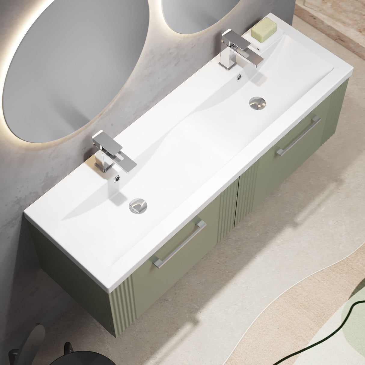 [BFPF894F] Belvide Retro Partial Fluted 2 Drawer Wall Hung Vanity Basin Unit with Double Ceramic Basin, Choice of Colour - Lifestyle 2