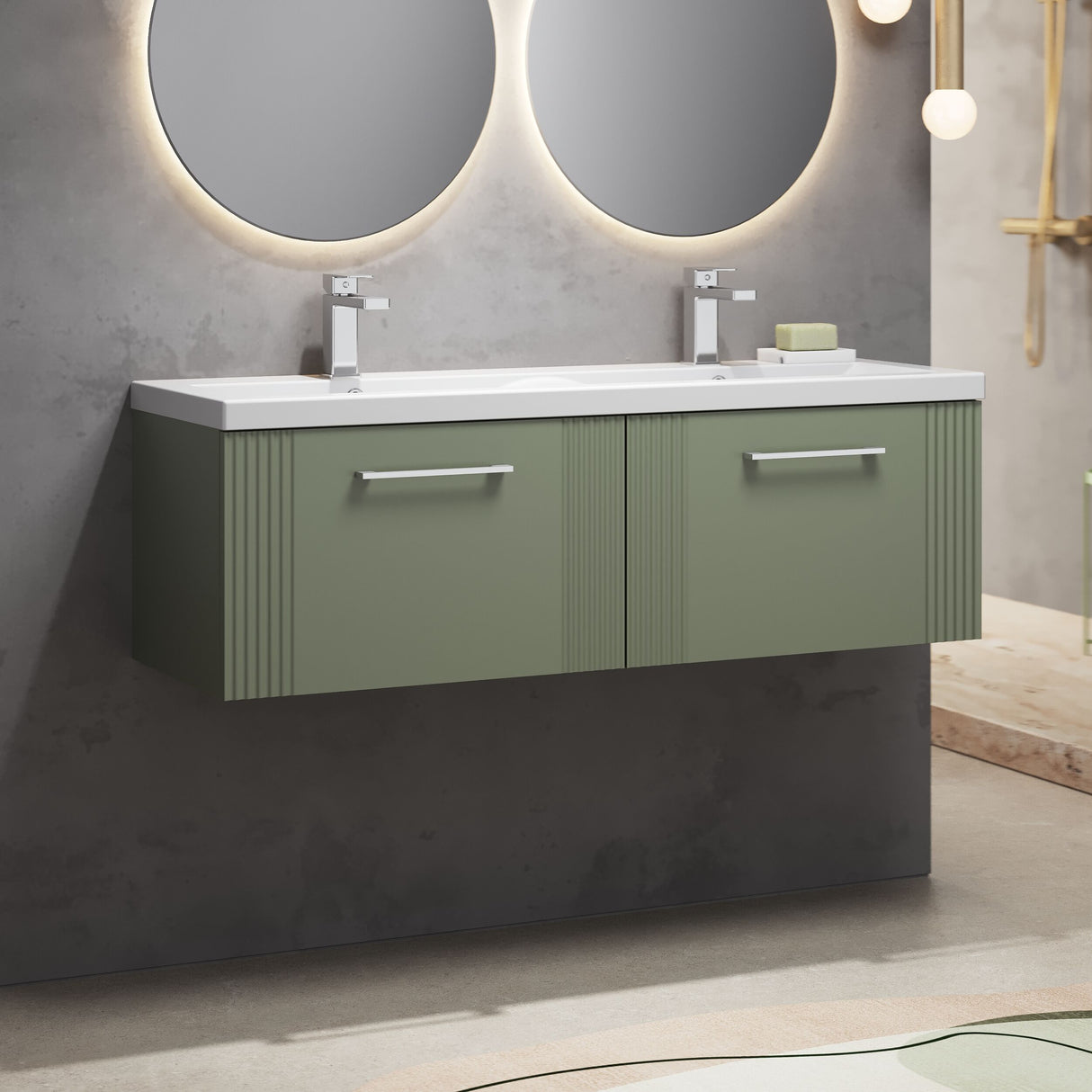 [BFPF894F] Belvide Retro Partial Fluted 2 Drawer Wall Hung Vanity Basin Unit with Double Ceramic Basin, Choice of Colour - Lifestyle 3